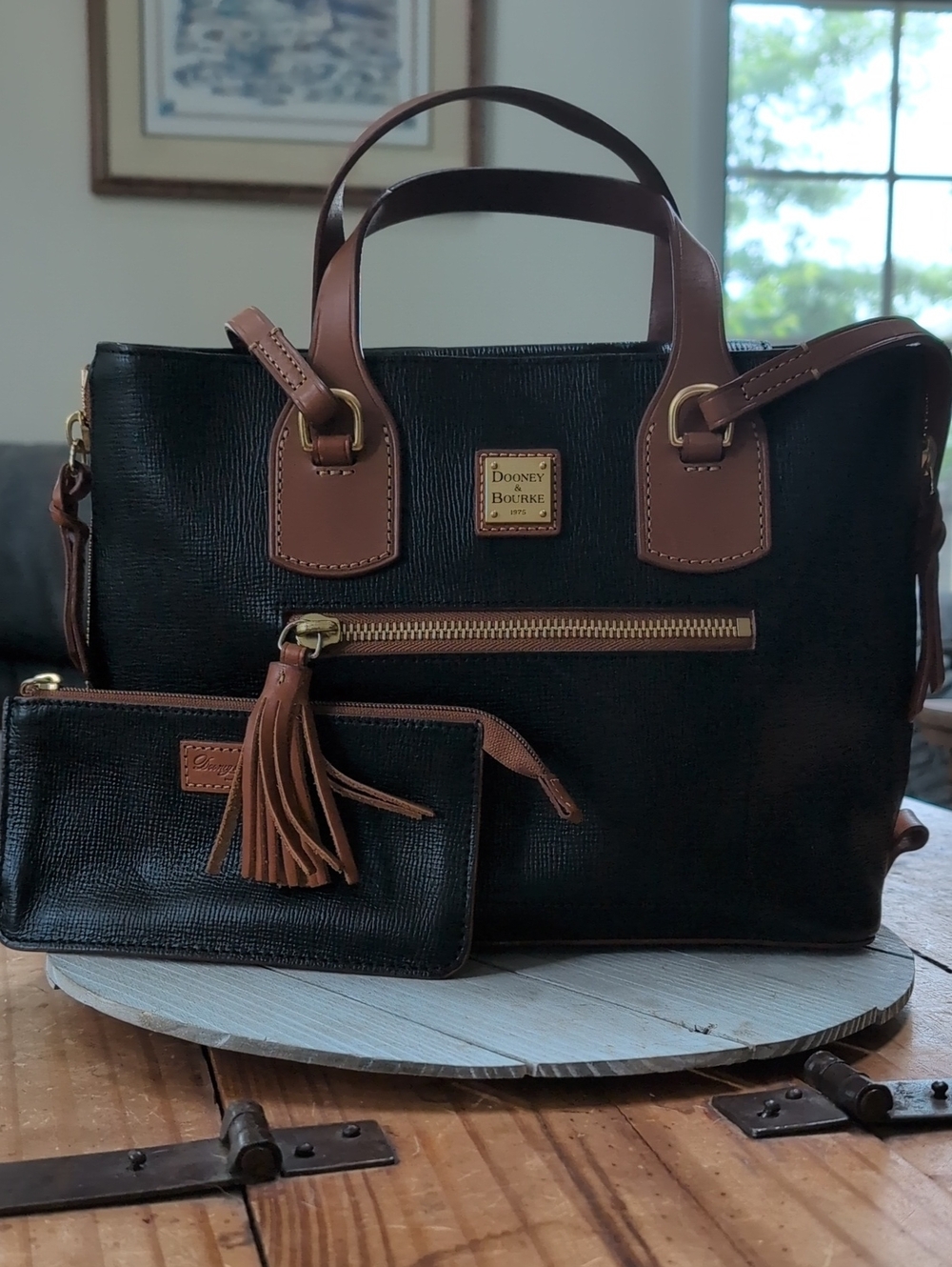 Dooney & Bourke Black Leather Tote with Brown Trim and Wristlet